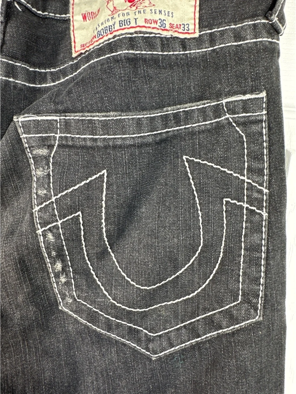 True Religion Black Distressed Denim Jeans with White Stitching